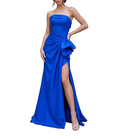 Terani Couture Mikado Strapless Side Ruffle A-Line Long Gown