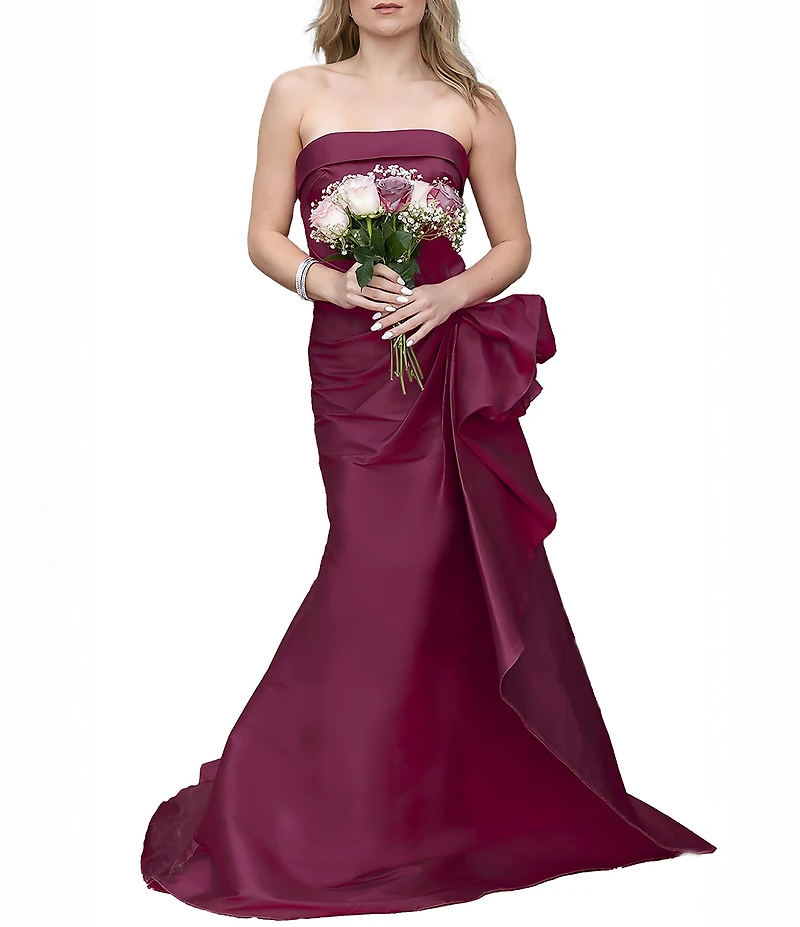 Terani Couture Mikado Strapless Side Ruffle A-Line Long Gown
