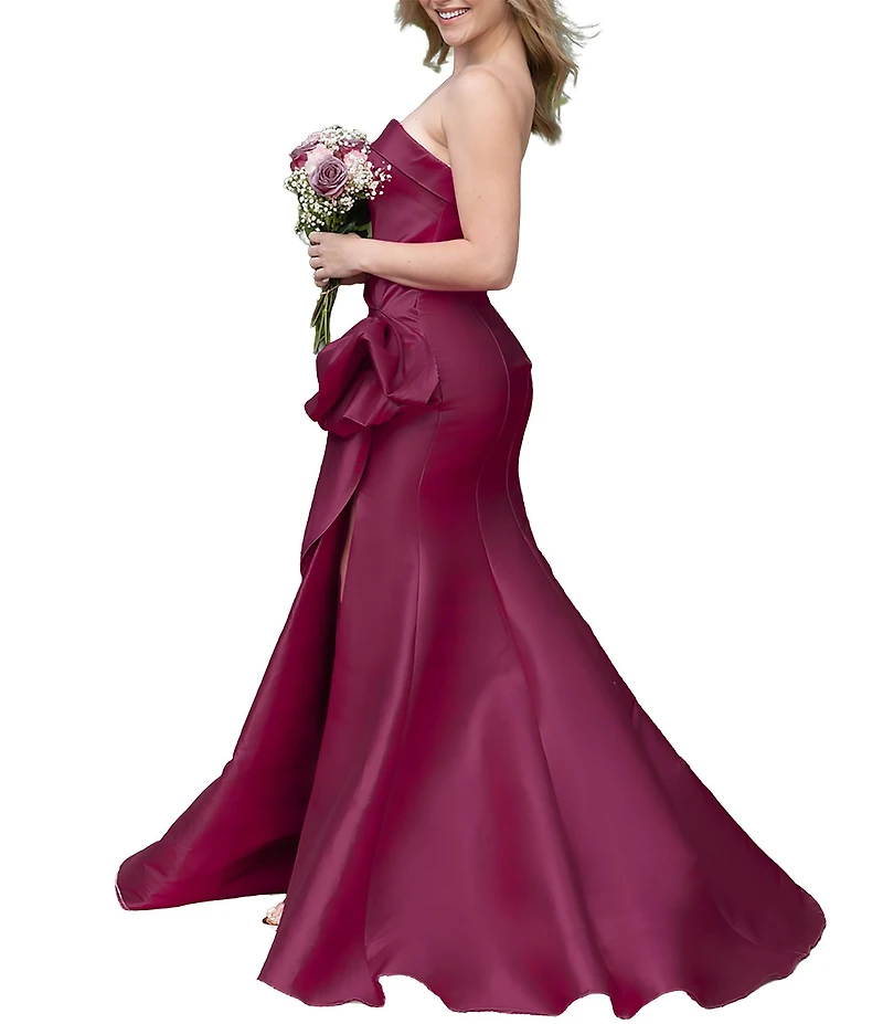 Terani Couture Mikado Strapless Side Ruffle A-Line Long Gown