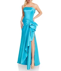 Terani Couture Mikado Strapless Side Ruffle A-Line Long Gown
