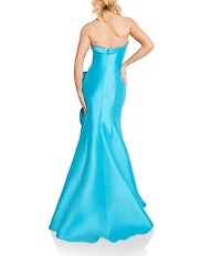 Terani Couture Mikado Strapless Side Ruffle A-Line Long Gown