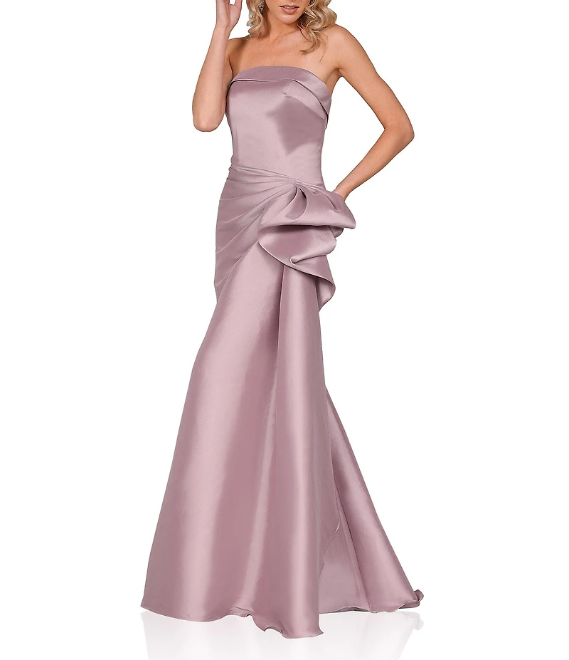Terani Couture Mikado Strapless Side Ruffle A-Line Gown