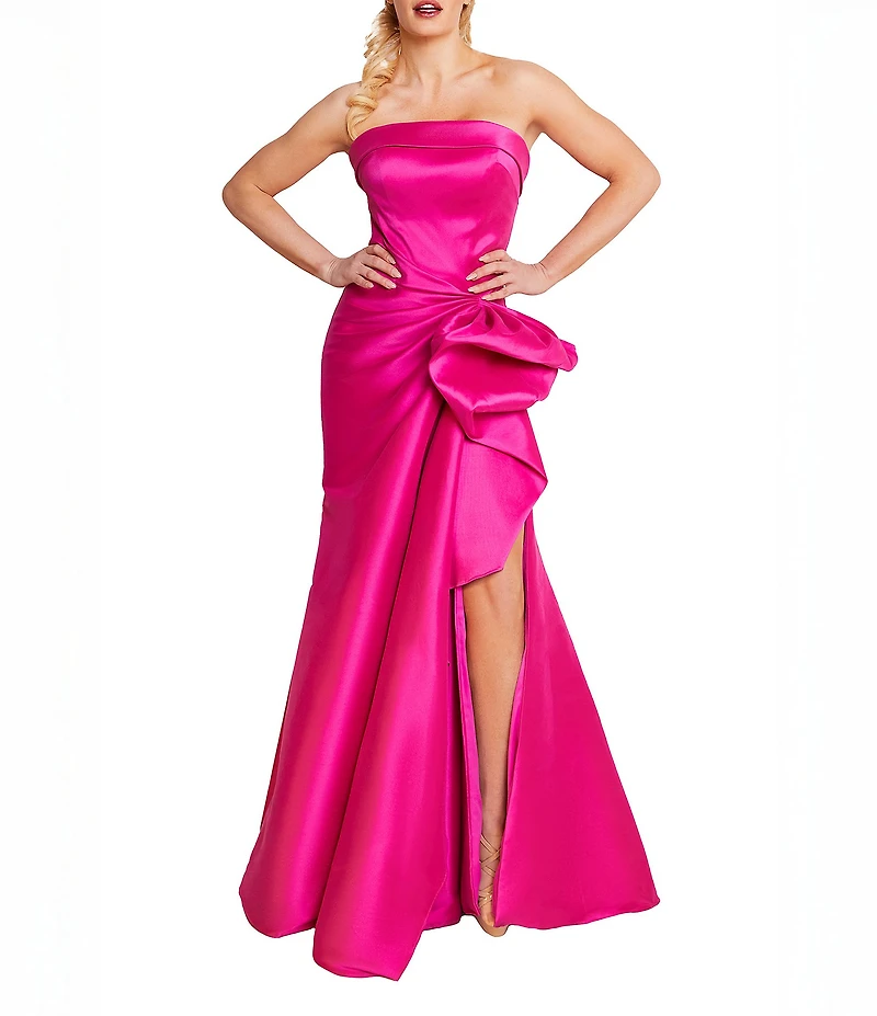 Terani Couture Mikado Strapless Side Ruffle A-Line Long Gown