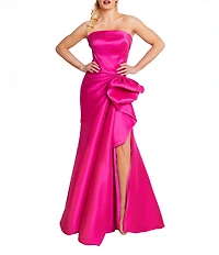 Terani Couture Mikado Strapless Side Ruffle A-Line Long Gown