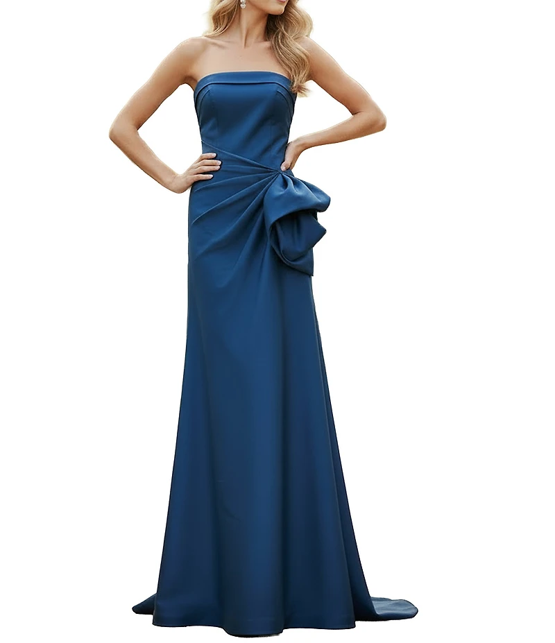 Terani Couture Mikado Strapless Side Ruffle A-Line Long Gown