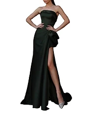 Terani Couture Mikado Strapless Side Ruffle A-Line Long Gown