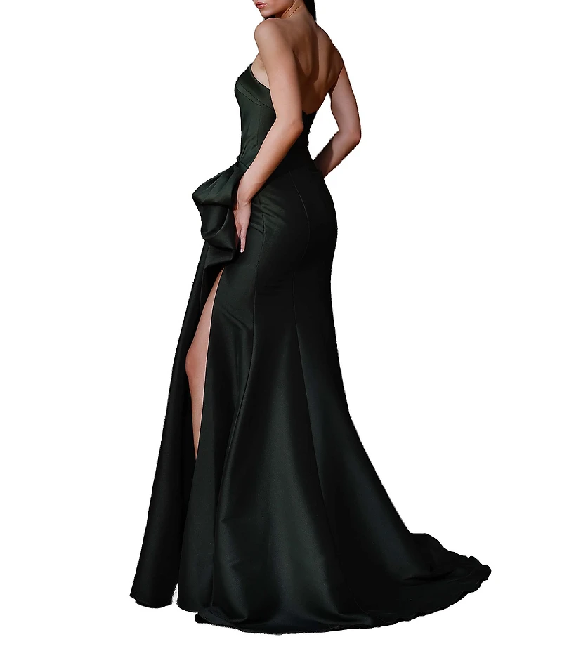 Terani Couture Mikado Strapless Side Ruffle A-Line Long Gown