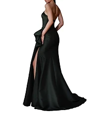 Terani Couture Mikado Strapless Side Ruffle A-Line Long Gown