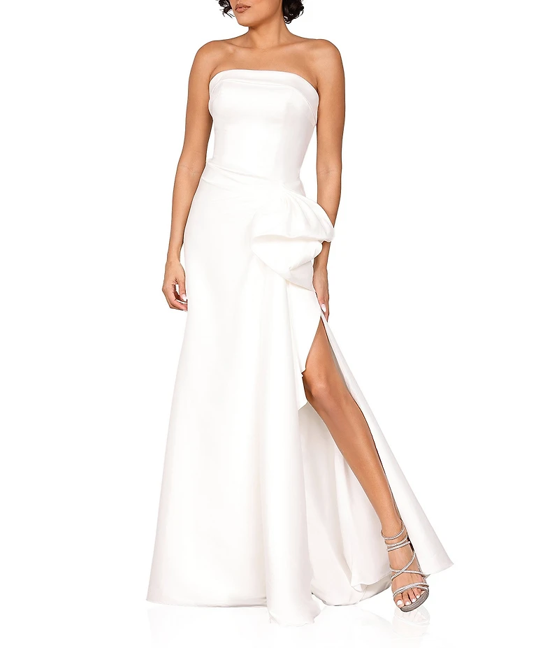 Terani Couture Mikado Strapless Side Ruffle A-Line Gown