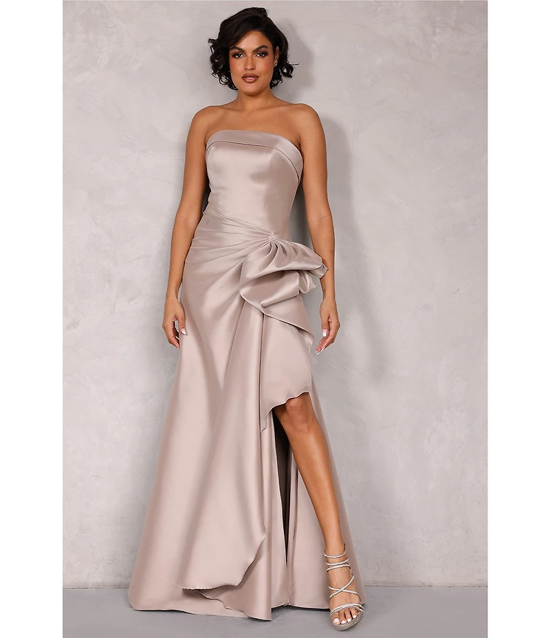Terani Couture Mikado Strapless Side Ruffle A-Line Gown