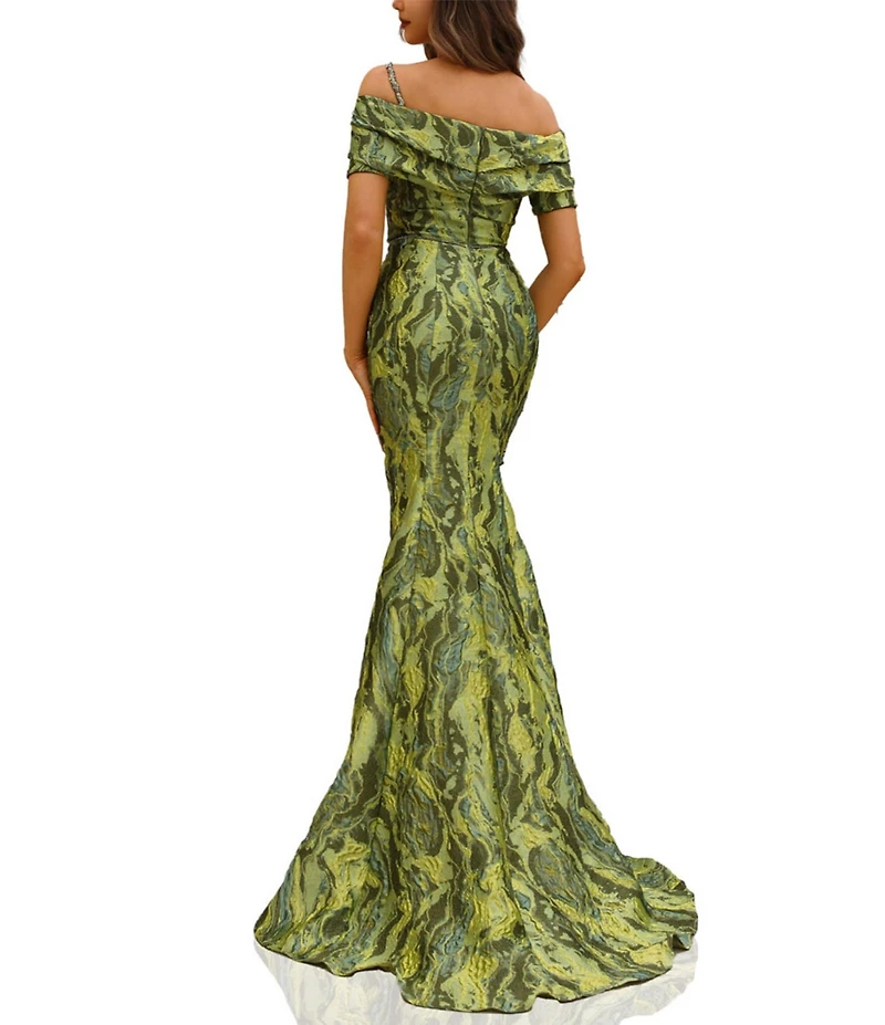 Terani Couture Off Shoulder 1 Strap Jacquard Mermaid Gown