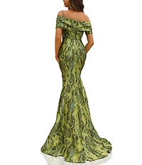 Terani Couture Off Shoulder 1 Strap Jacquard Mermaid Gown