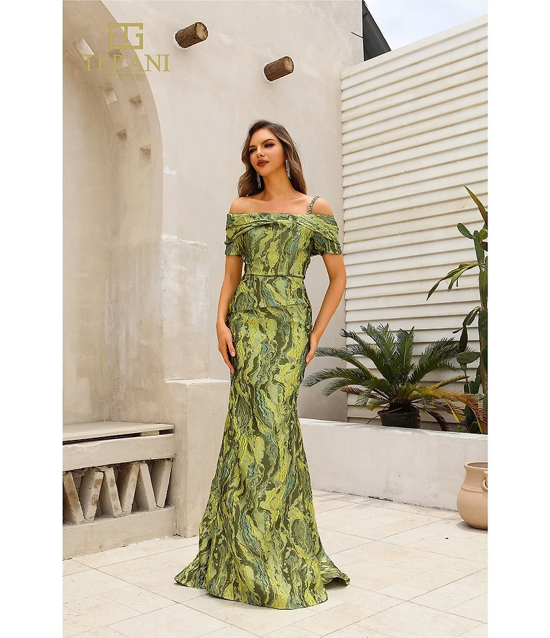 Terani Couture Off Shoulder 1 Strap Jacquard Mermaid Gown