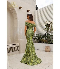 Terani Couture Off Shoulder 1 Strap Jacquard Mermaid Gown