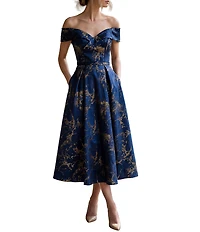 Terani Couture Off Shoulder A Line Jacquard Midi Dress