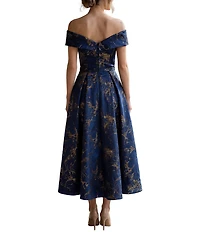 Terani Couture Off Shoulder A Line Jacquard Midi Dress