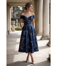 Terani Couture Off Shoulder A Line Jacquard Midi Dress