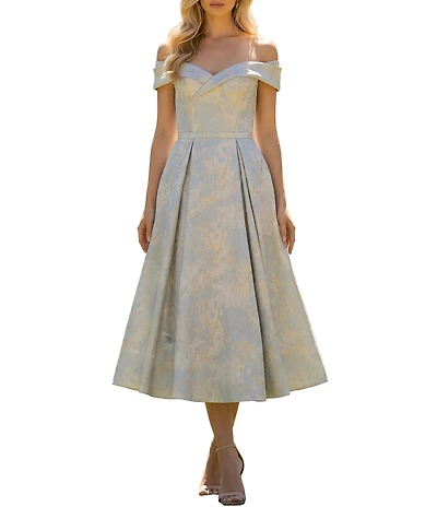 Terani Couture Off Shoulder A Line Jacquard Midi Dress