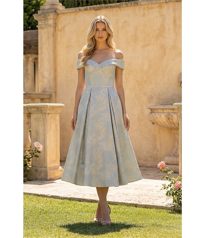 Terani Couture Off Shoulder A Line Jacquard Midi Dress