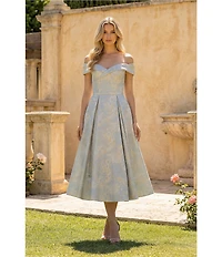 Terani Couture Off Shoulder A Line Jacquard Midi Dress