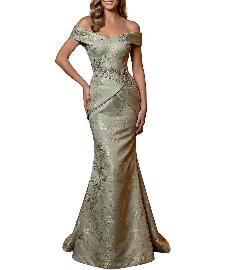 Terani Couture Off Shoulder Jacquard Long Gown