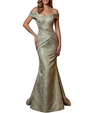 Terani Couture Off Shoulder Jacquard Long Gown