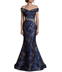 Terani Couture Off Shoulder Jacquard Long Gown