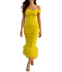 Terani Couture Off Shoulder Sheath Midi Dress With Feather Hem