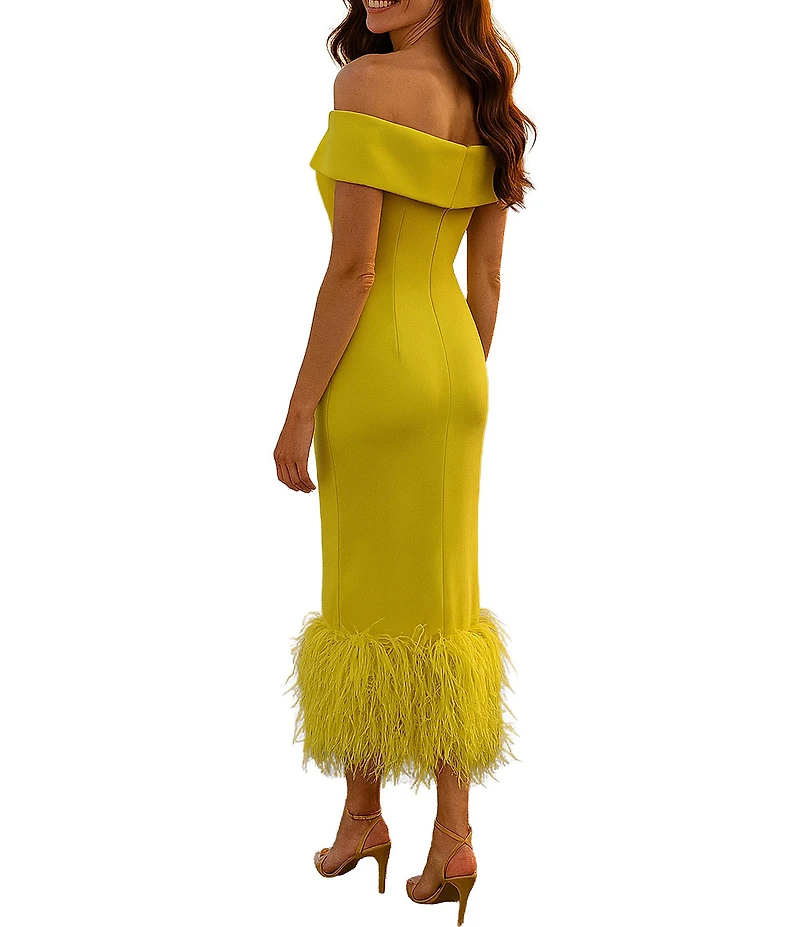 Terani Couture Off Shoulder Sheath Midi Dress With Feather Hem