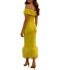 Terani Couture Off Shoulder Sheath Midi Dress With Feather Hem