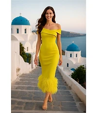 Terani Couture Off Shoulder Sheath Midi Dress With Feather Hem