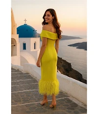 Terani Couture Off Shoulder Sheath Midi Dress With Feather Hem