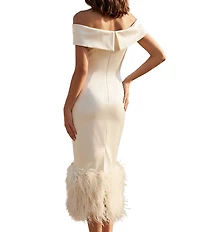 Terani Couture Off Shoulder Sheath Midi Dress With Feather Hem