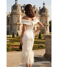 Terani Couture Off Shoulder Sheath Midi Dress With Feather Hem