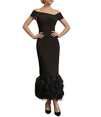 Terani Couture Off Shoulder Sheath Midi Dress With Feather Hem