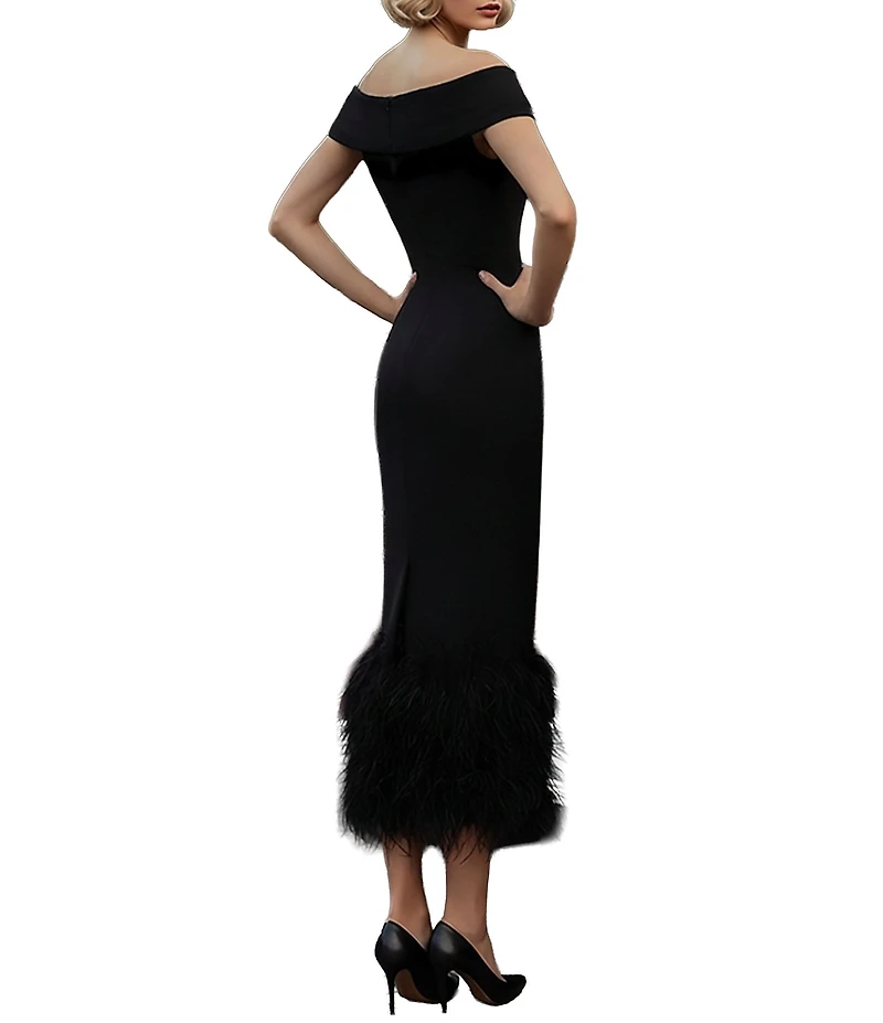 Terani Couture Off Shoulder Sheath Midi Dress With Feather Hem