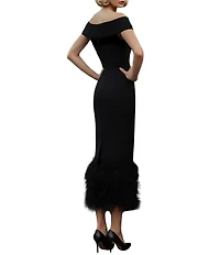 Terani Couture Off Shoulder Sheath Midi Dress With Feather Hem