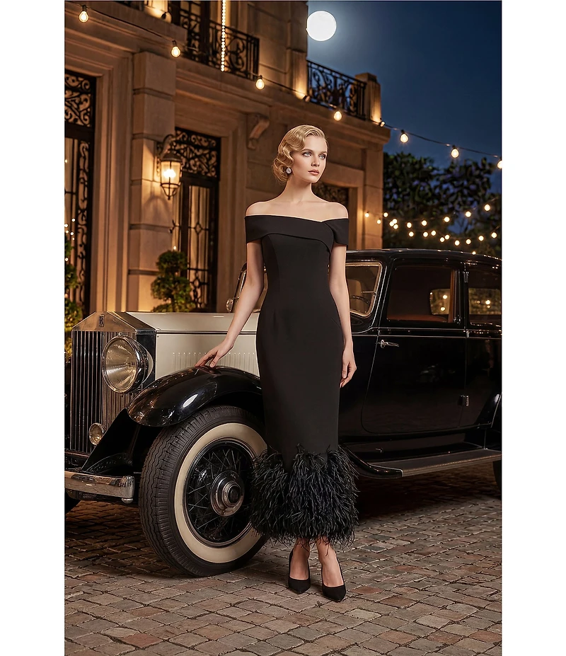 Terani Couture Off Shoulder Sheath Midi Dress With Feather Hem