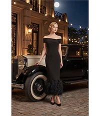 Terani Couture Off Shoulder Sheath Midi Dress With Feather Hem