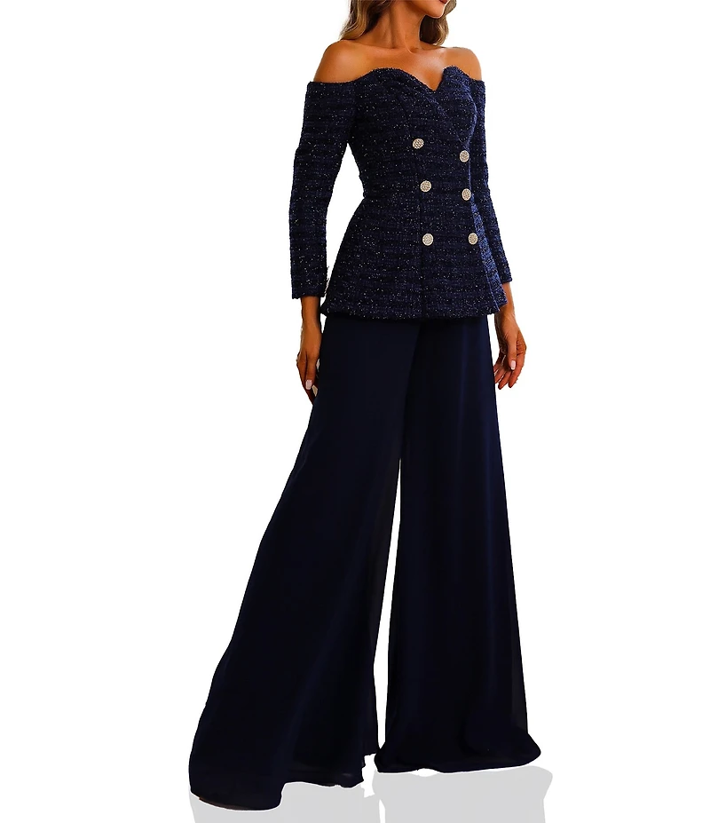 Terani Couture Off Shoulder Tweed Pant Suit Jumpsuit
