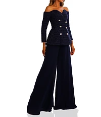 Terani Couture Off Shoulder Tweed Pant Suit Jumpsuit
