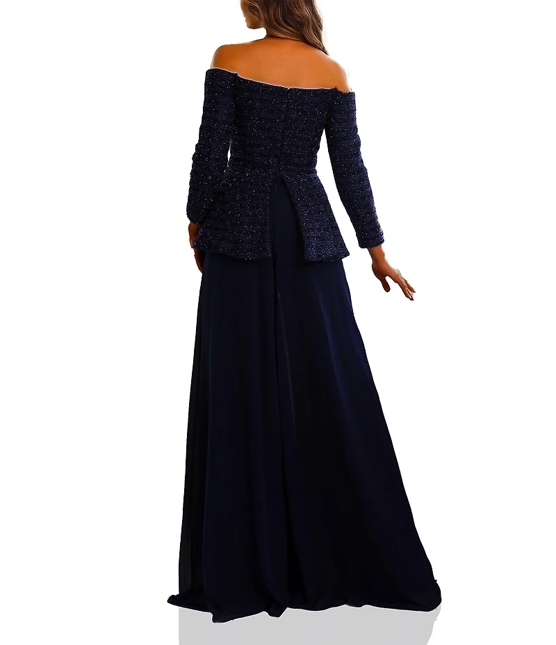 Terani Couture Off Shoulder Tweed Pant Suit Jumpsuit