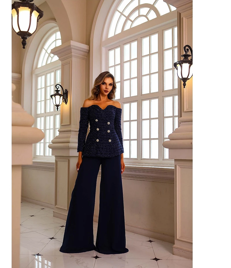 Terani Couture Off Shoulder Tweed Pant Suit Jumpsuit