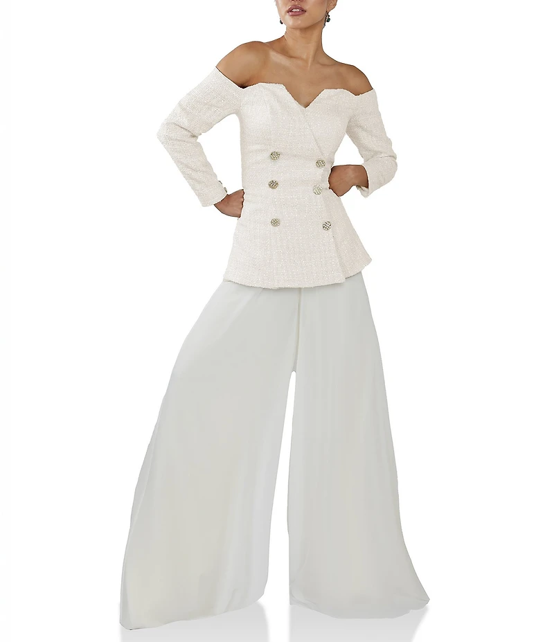 Terani Couture Off Shoulder Tweed Pant Suit Jumpsuit