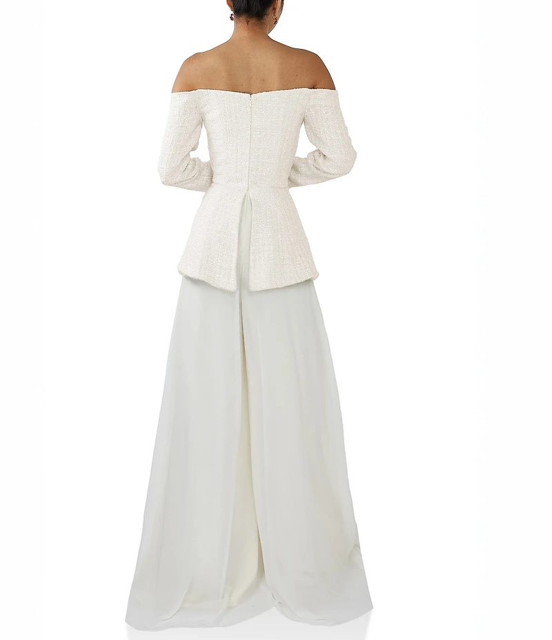 Terani Couture Off Shoulder Tweed Pant Suit Jumpsuit