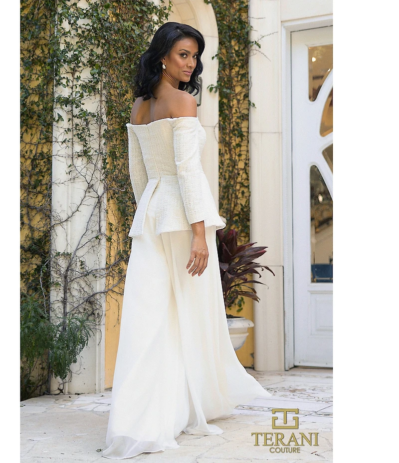 Terani Couture Off Shoulder Tweed Pant Suit Jumpsuit