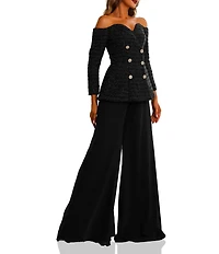 Terani Couture Off Shoulder Tweed Pant Suit Jumpsuit