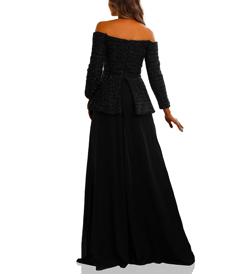 Terani Couture Off Shoulder Tweed Pant Suit Jumpsuit