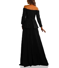 Terani Couture Off Shoulder Tweed Pant Suit Jumpsuit