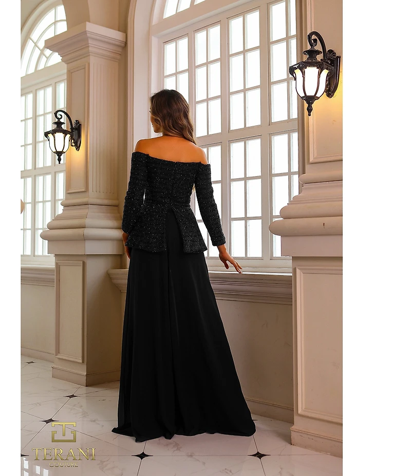 Terani Couture Off Shoulder Tweed Pant Suit Jumpsuit